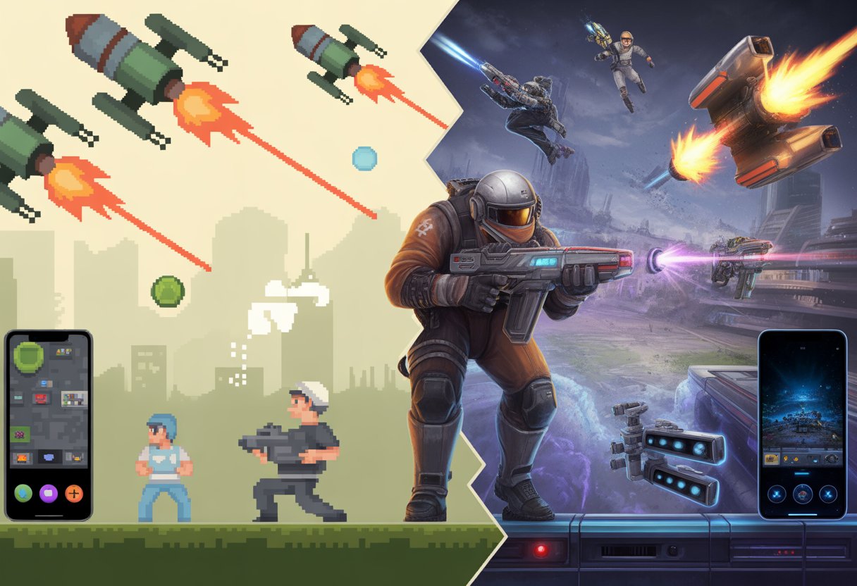 A split scene showing a simple 2D mobile shooter game on the left with pixelated characters and spaceships, transitioning to a detailed 3D mobile shooter game on the right with realistic characters and futuristic battlefield.
