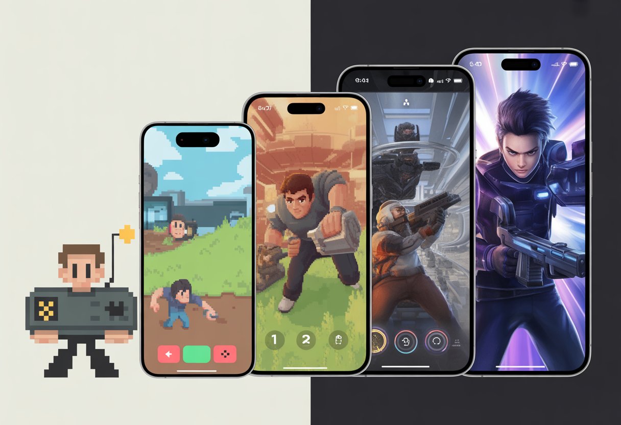 A timeline showing the progression of mobile shooter games from simple 2D pixel art on an old phone to realistic 3D graphics on a modern smartphone and finally to high-quality console-level visuals on a gaming console screen.
