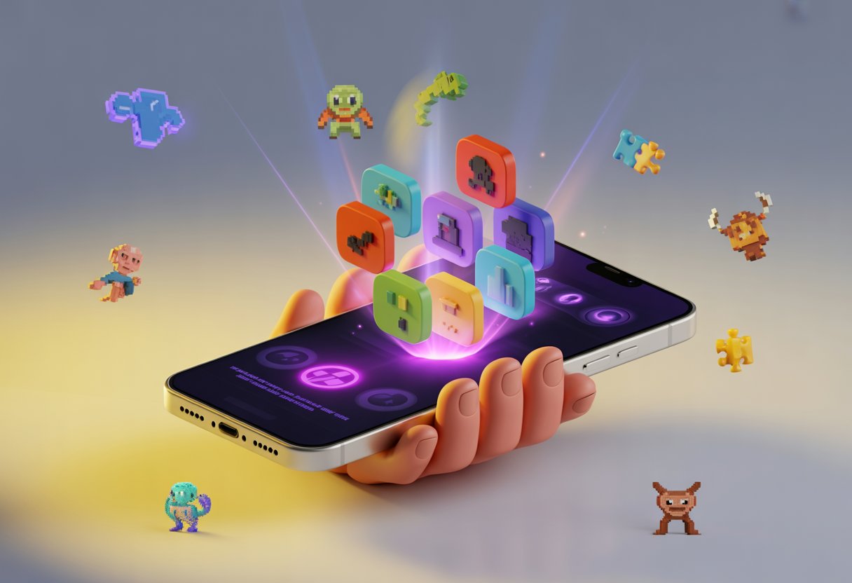 A smartphone held by hands with colorful game icons and fantasy elements floating above it, representing hidden mobile games.