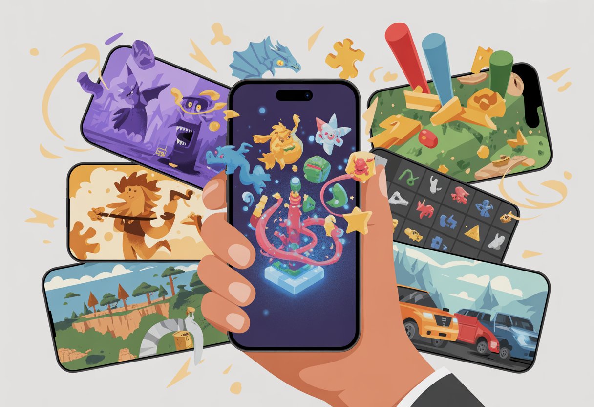 A hand holding a smartphone with colorful game characters and icons emerging from the screen, surrounded by fantasy creatures, puzzle pieces, and adventure elements.