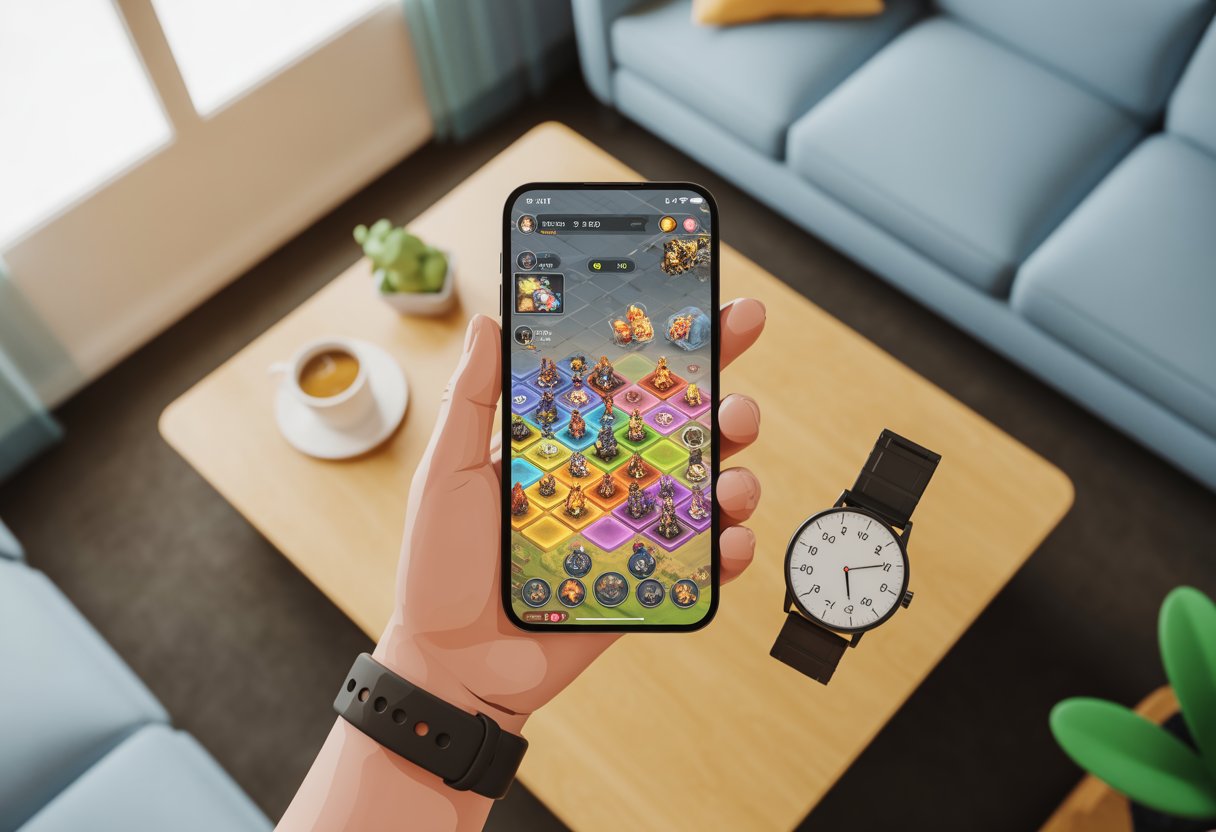 A hand holding a smartphone showing a colorful mobile strategy game with miniature armies and hexagonal tiles, set in a cozy living room with a coffee cup and a wristwatch nearby.