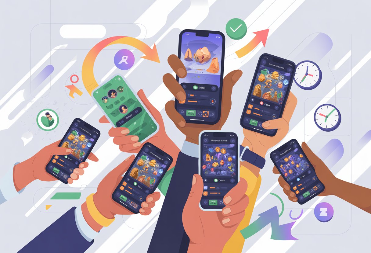 Several hands holding mobile devices showing different strategy game screens with icons representing quick gameplay.