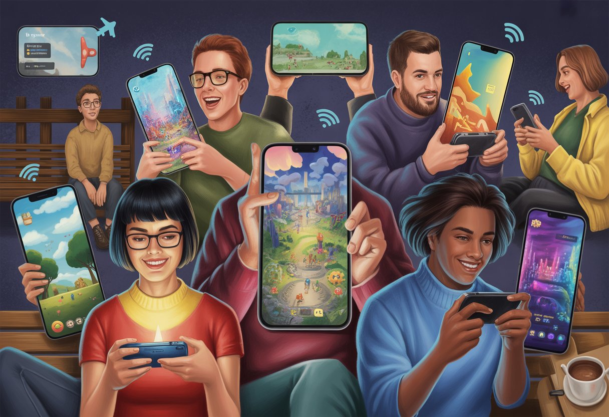 People playing mobile games on smartphones in different everyday settings, showing immersive game scenes around them without any text.