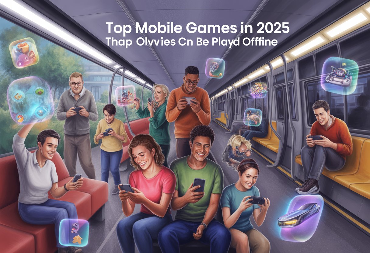 People playing mobile games on smartphones and handheld devices in various everyday settings with colorful digital game elements around them.