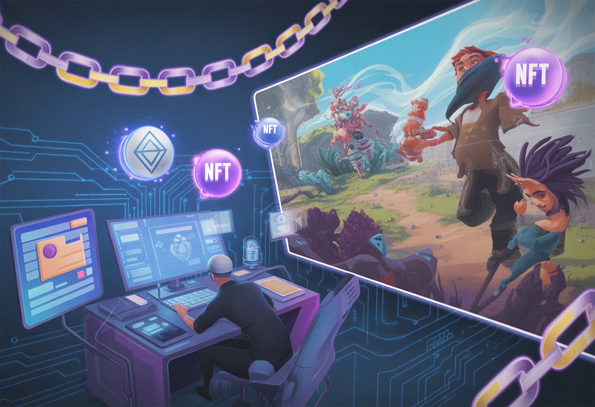 A futuristic game developer's workspace with holographic screens showing digital assets and blockchain chains, overlooking a vibrant virtual game world with characters and environments shaped by digital ownership.