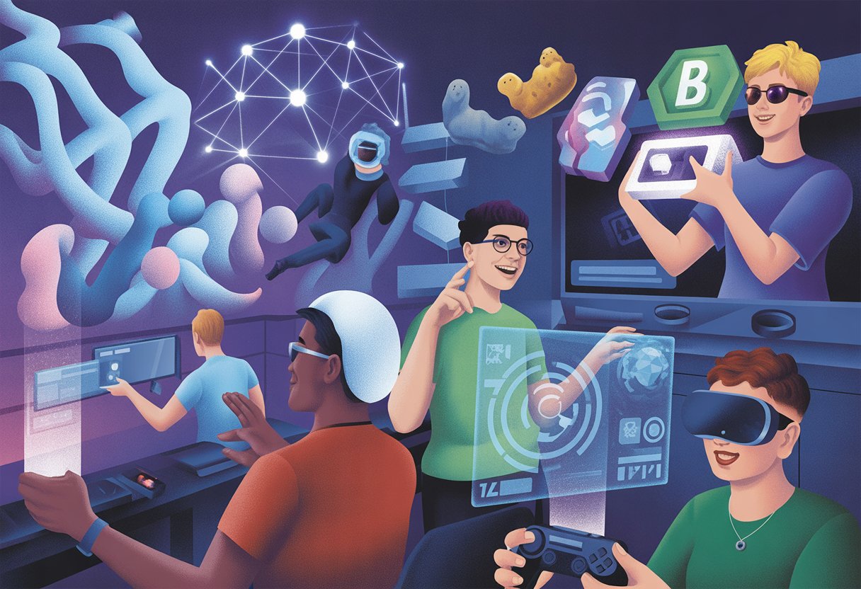 A group of gamers interacting with holographic blockchain networks and digital collectibles in a futuristic gaming environment.