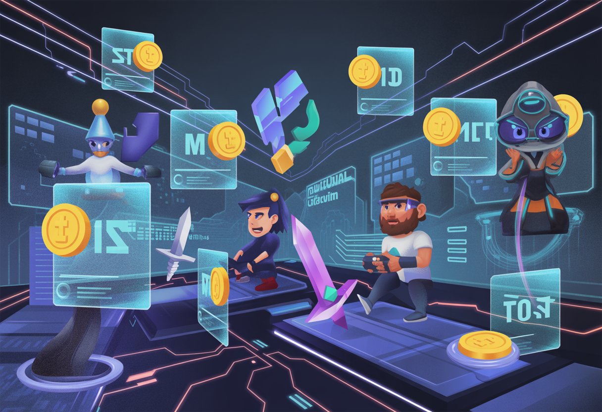 A futuristic gaming scene showing digital characters interacting with glowing blockchain ledgers and floating NFT tokens in a high-tech virtual environment.