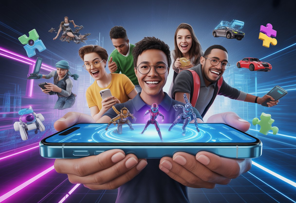 A group of young people holding a smartphone with colorful game characters and icons emerging from the screen against a futuristic city background.