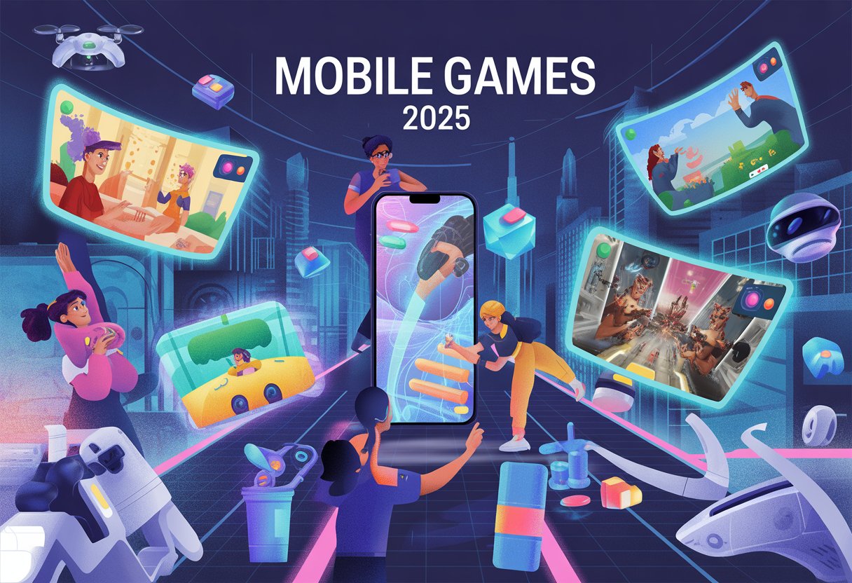 A futuristic city scene with people using advanced mobile devices showing immersive game visuals and holographic interfaces.