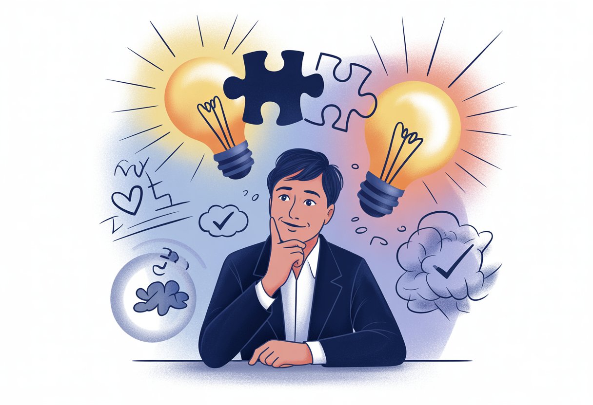 A person sitting at a desk surrounded by floating puzzle pieces and glowing symbols representing emotions like curiosity and accomplishment.