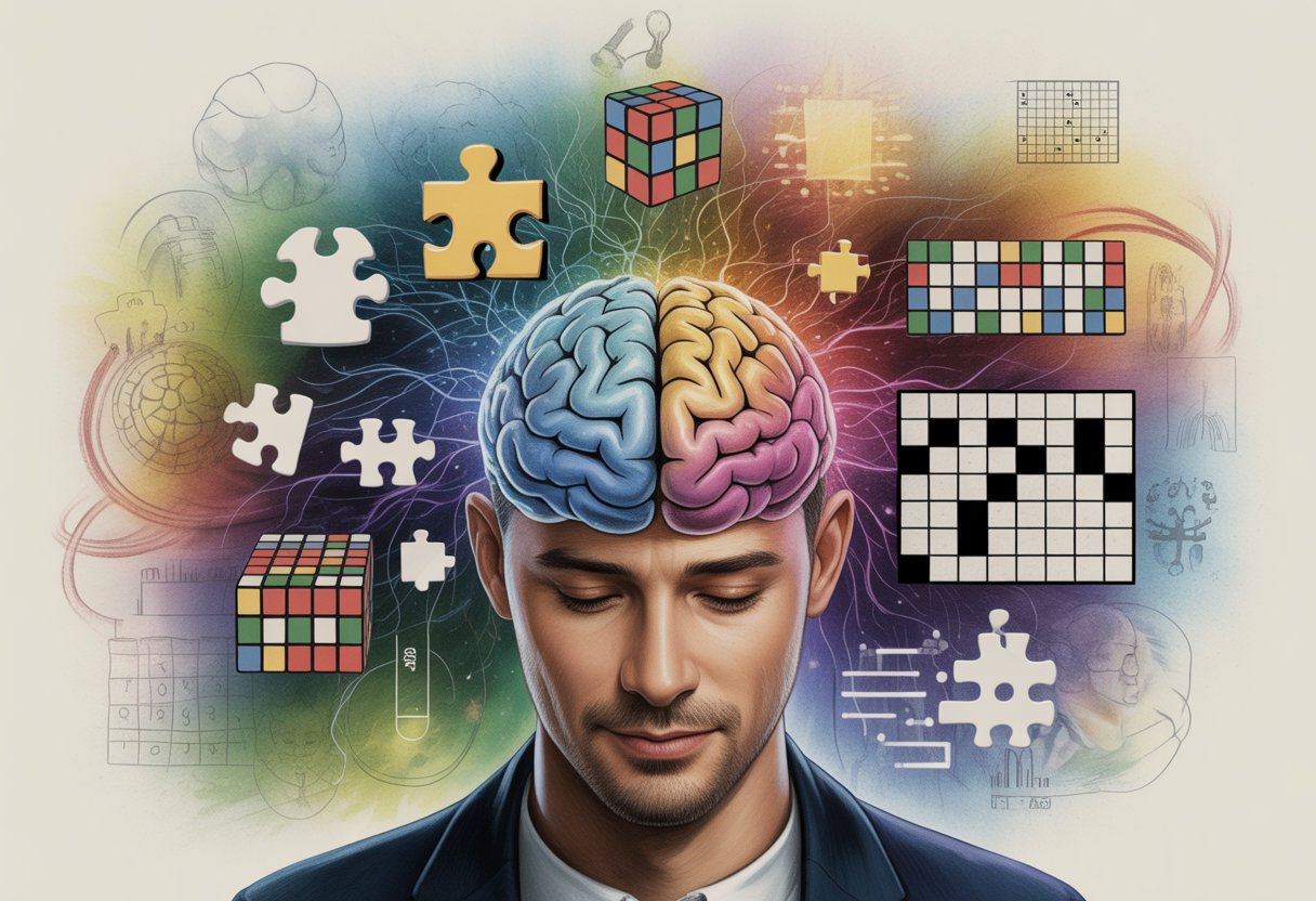 People of different ages and backgrounds concentrating on solving puzzles like jigsaw puzzles and Rubik's cubes, surrounded by glowing neural connections and gears representing thinking and problem-solving.