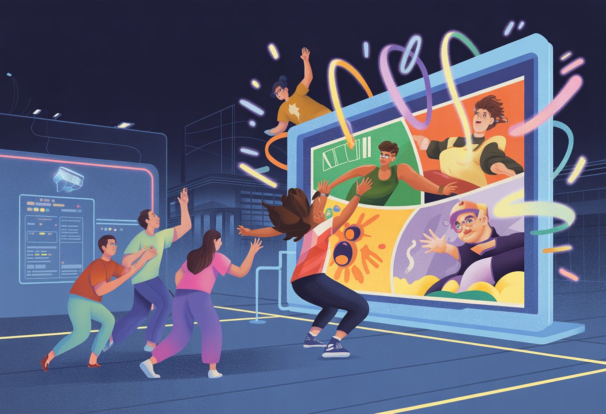 People watching a large digital screen showing colorful game characters, surrounded by glowing effects and a modern city background.