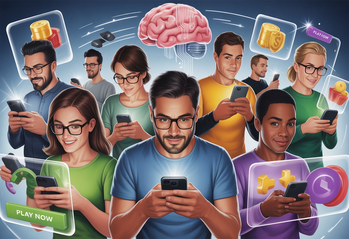 People focused on their devices surrounded by glowing game ad elements and a brain symbolizing psychological hooks.