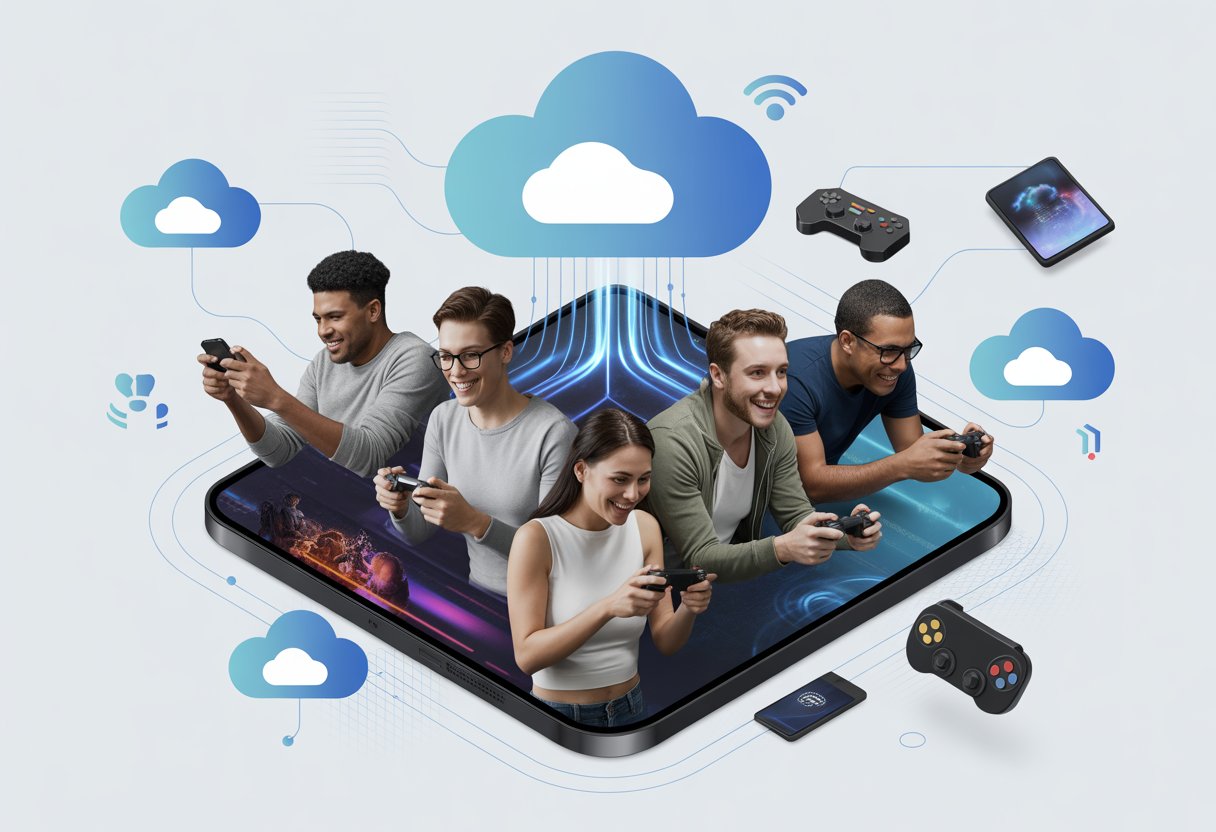 People playing games on mobile devices connected through glowing cloud and network symbols representing cloud gaming technology.