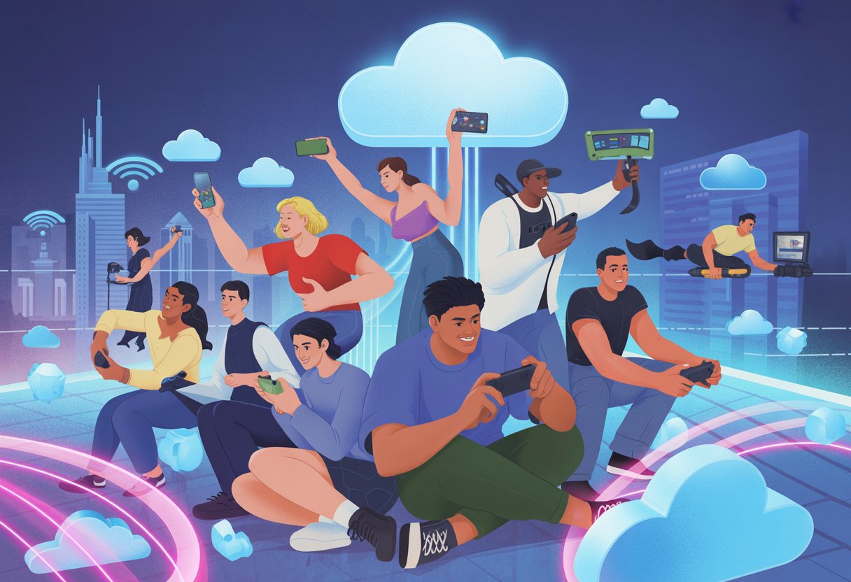 People playing games on mobile devices surrounded by glowing cloud and data stream visuals with a cityscape in the background.