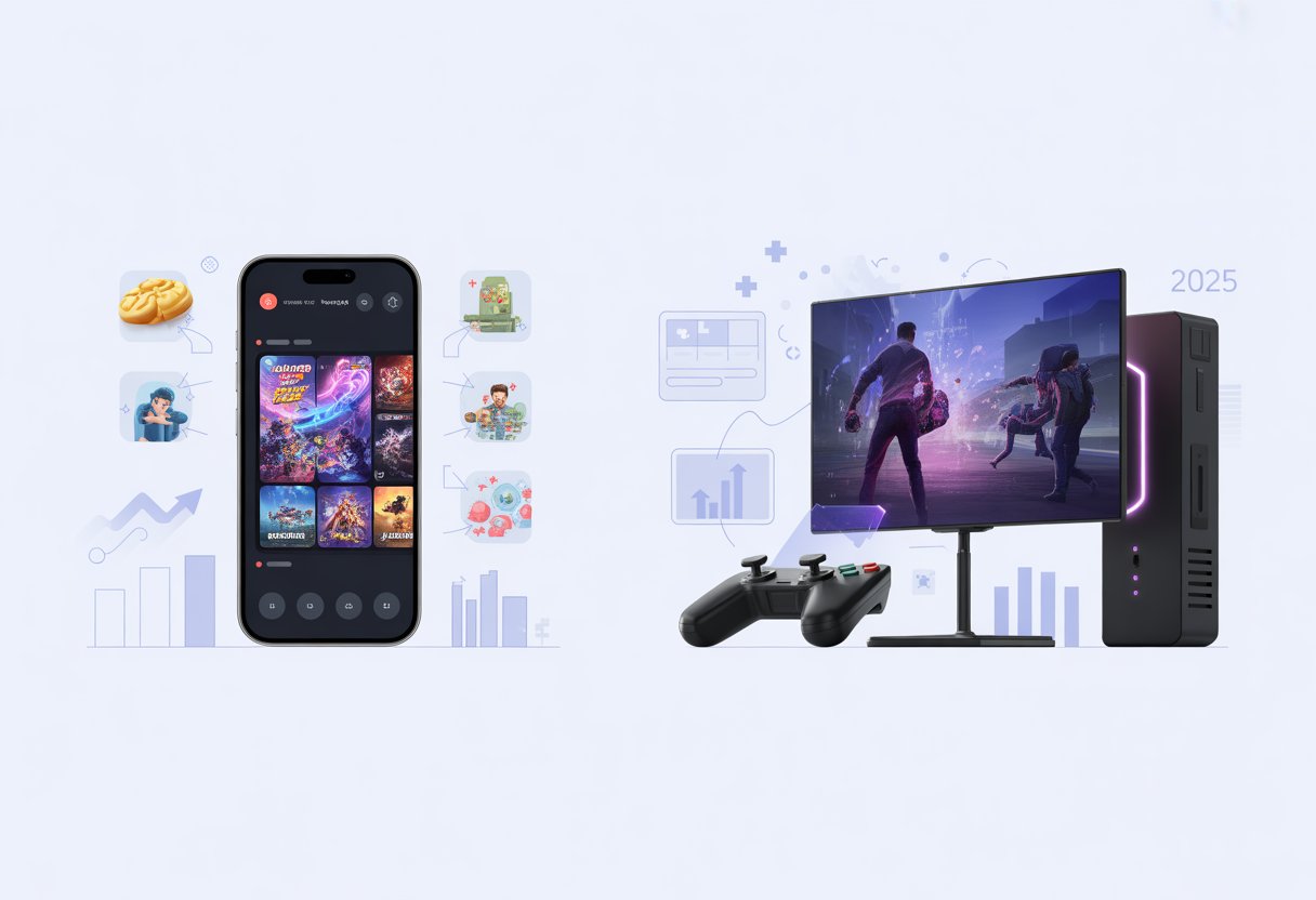 A futuristic scene showing a modern smartphone with mobile game graphics on one side and a next-generation gaming console with a wireless controller and TV screen on the other, connected by digital data streams and market trend visuals.