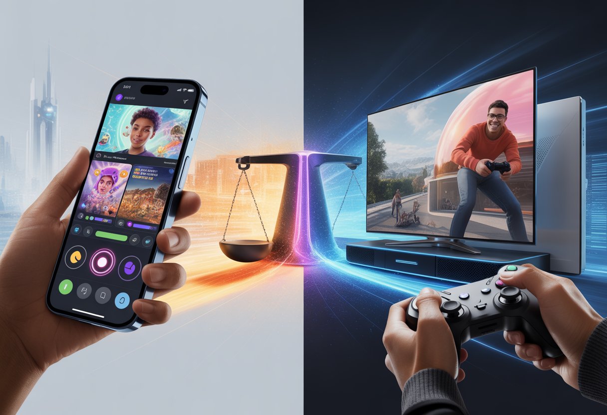Two gamers playing side by side, one using a smartphone and the other using a gaming console with a controller, set against a futuristic background symbolizing the competition between mobile and console gaming.