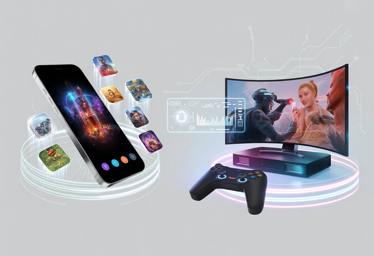 A modern smartphone and a gaming console with a controller, each displaying vibrant game scenes, connected by digital data visuals representing advances in mobile and console gaming.