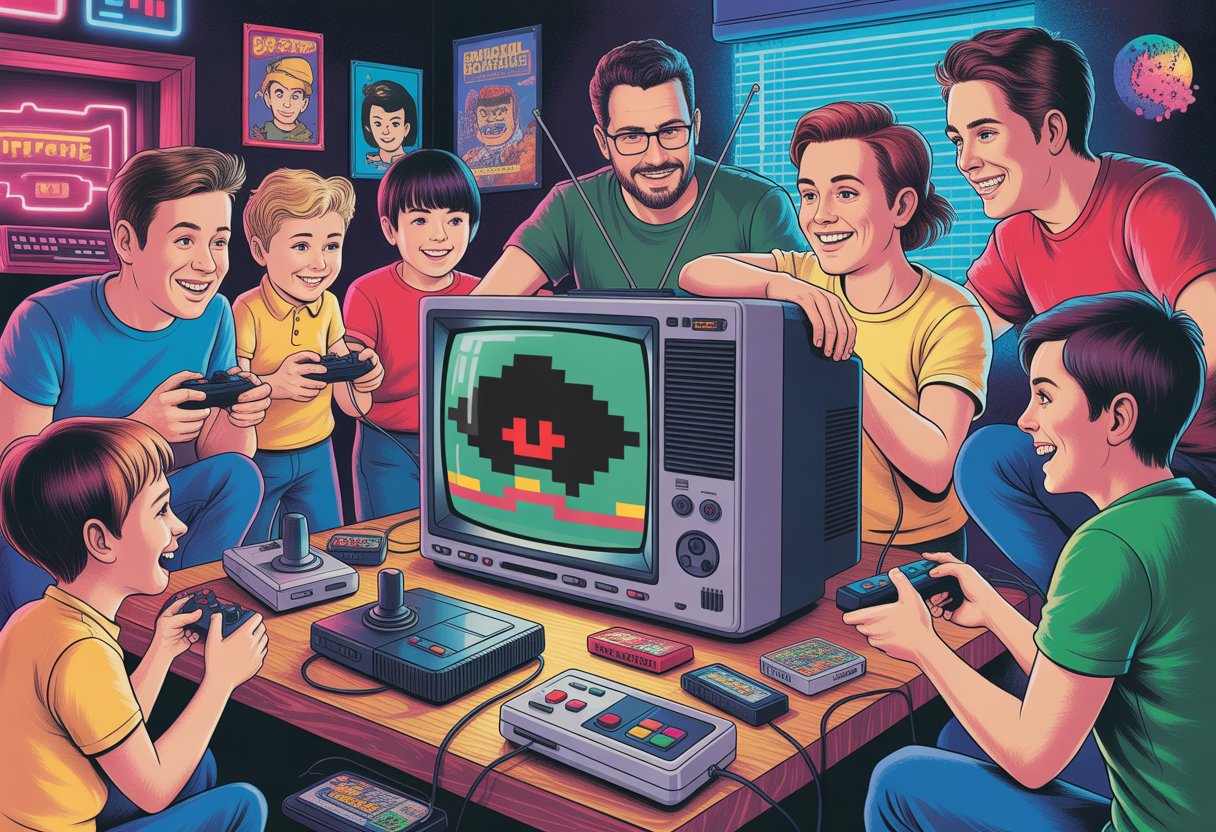 A group of people gathered around a vintage gaming setup with a CRT TV showing pixelated game graphics, surrounded by retro consoles and game cartridges in a cozy room.