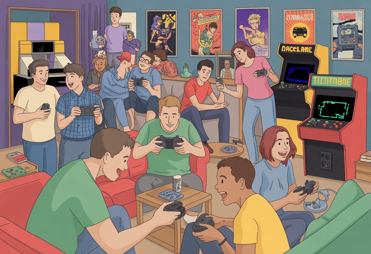 A diverse group of people enjoying retro video games together in a cozy living room filled with vintage gaming consoles and nostalgic decorations.
