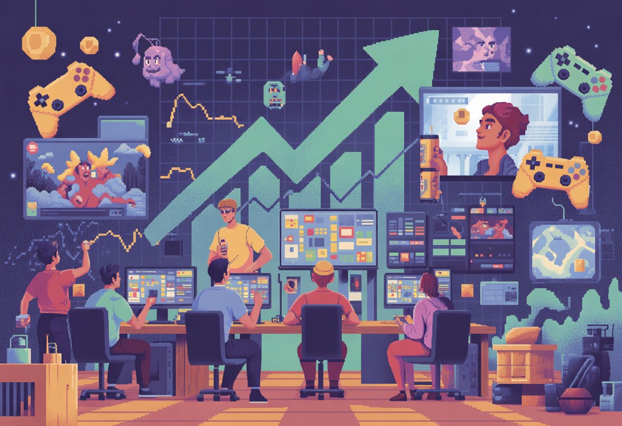 A group of game developers working together in a creative workspace surrounded by game characters and design elements, with a graph showing growth in the background.