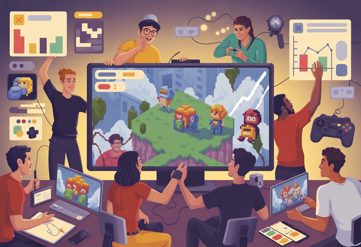 A group of game developers celebrating around a large screen displaying colorful game worlds and characters, with game controllers and creative tools nearby.