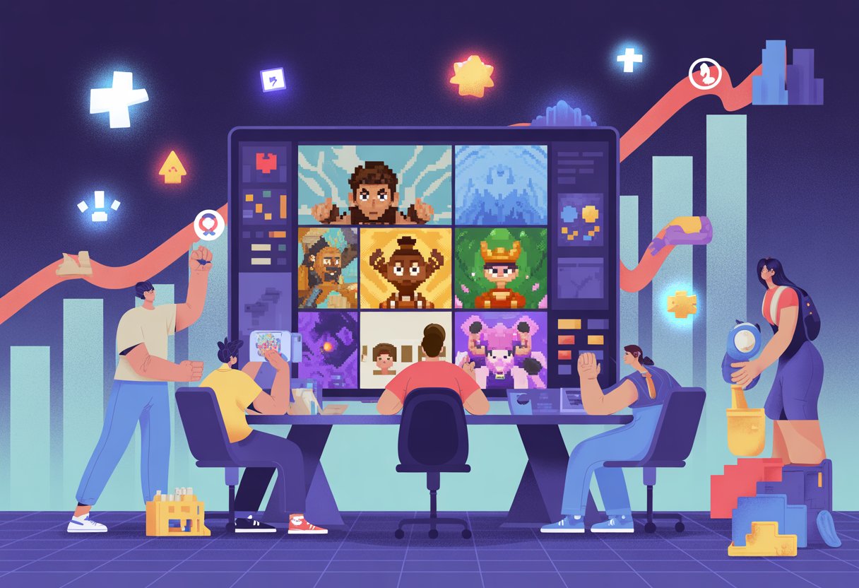 A group of diverse game developers working together on creative game designs with colorful characters and worlds, with a rising market graph in the background.