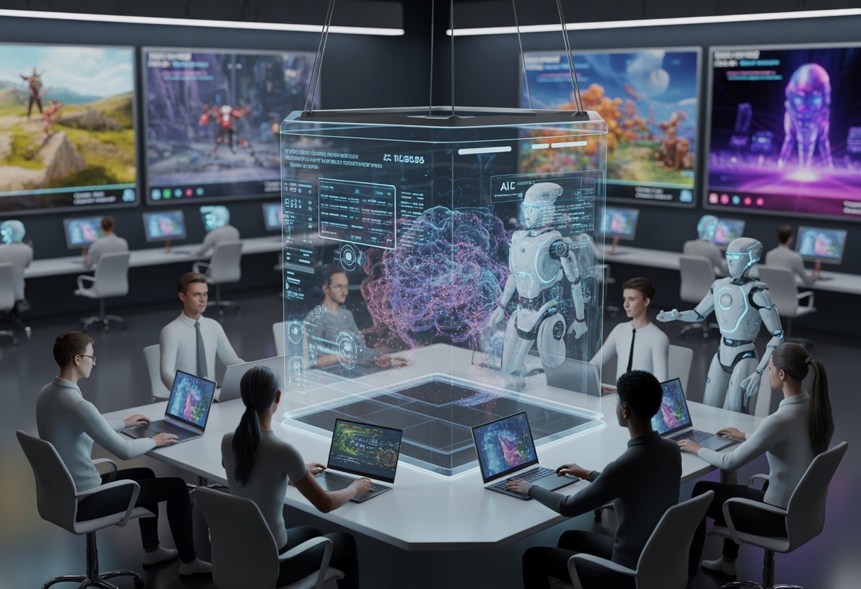 A modern game development studio where developers use AI-powered tools and holographic interfaces to create evolving game environments.
