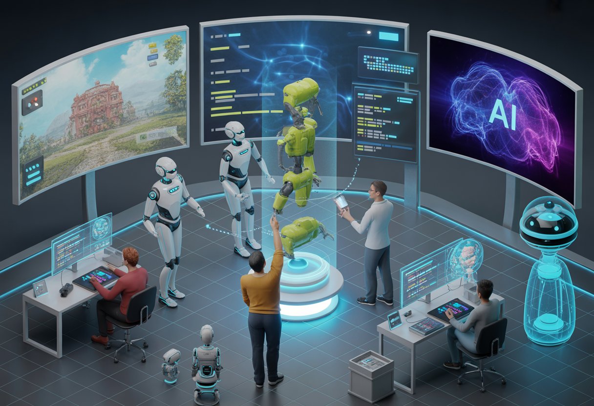 A futuristic game development studio where designers and AI robots collaborate using holographic displays and digital screens to create advanced game environments and characters.