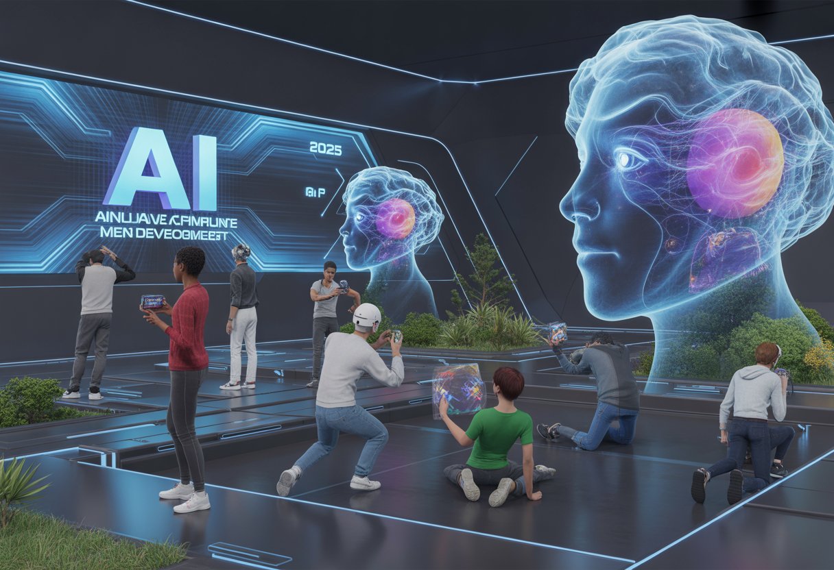 Gamers interacting with a futuristic virtual world enhanced by advanced AI technology, showing dynamic game elements and intelligent characters.