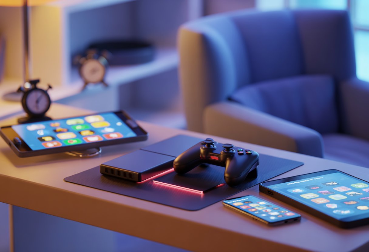 A cozy gaming setup with a console, controller, smartphone, and tablet showing colorful game icons, with a clock indicating a short playtime.