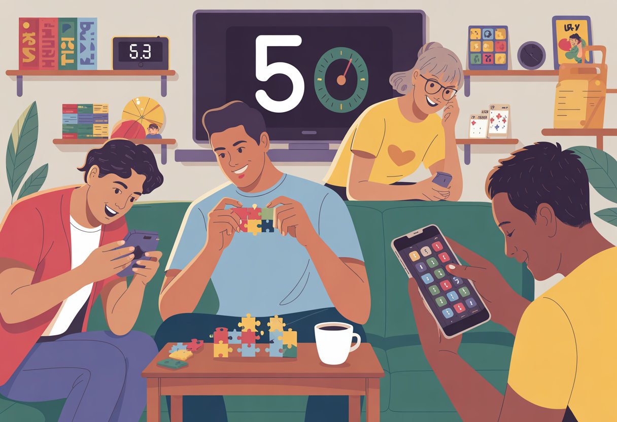 People playing quick casual games in a cozy living room with a digital clock showing 5 minutes.