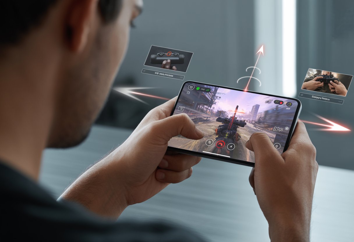 A person holding a smartphone playing a first-person shooter game, focusing on aiming at a target on the screen in a gaming setup.
