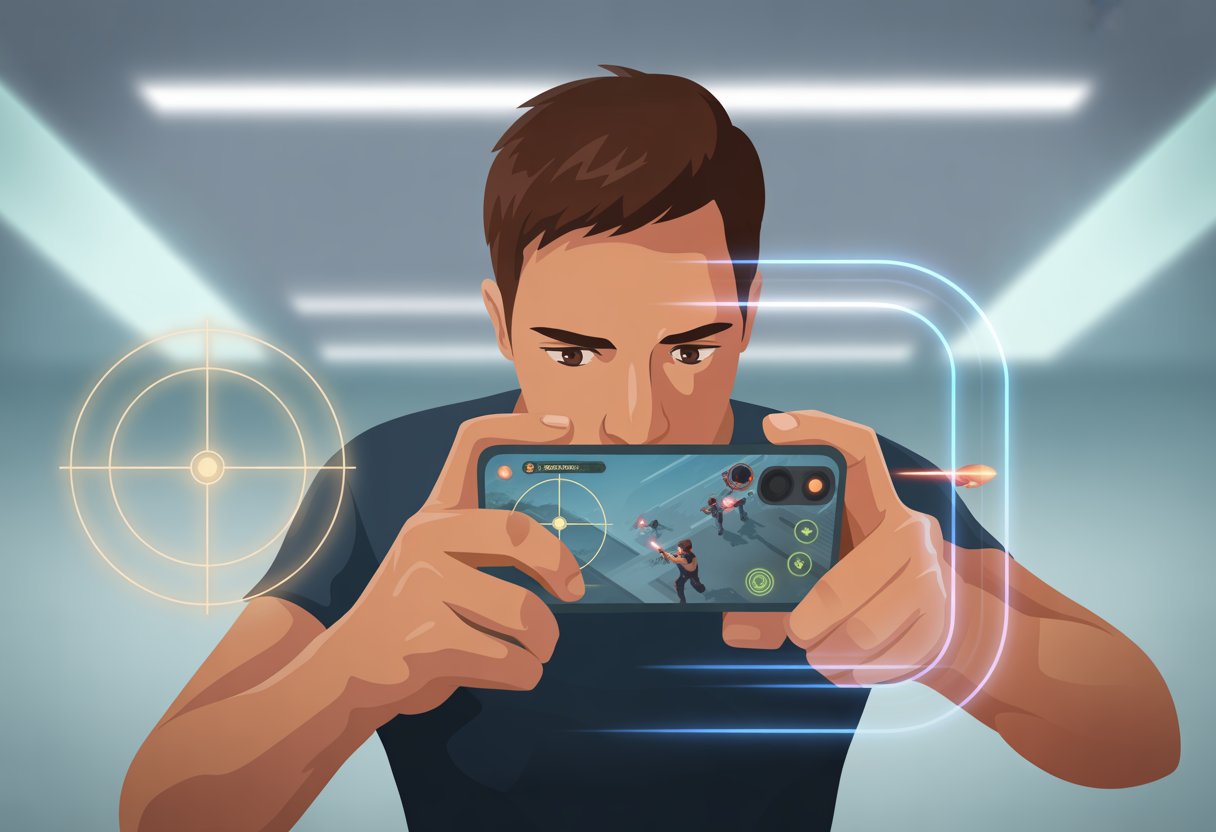 A person holding a smartphone playing a first-person shooter game, aiming at targets on the screen with visual effects emphasizing precision and quick reflexes.