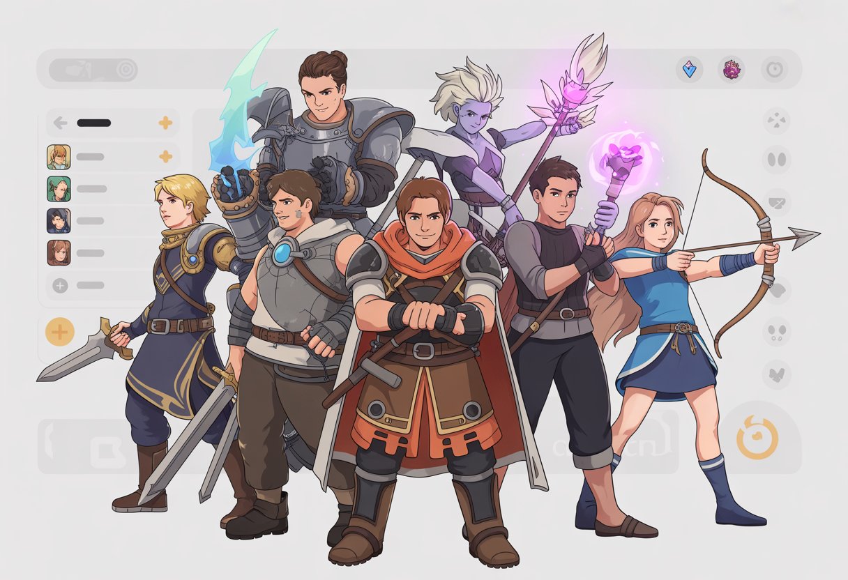 A group of diverse fantasy characters standing together in a strategic formation, each representing different roles in a team.