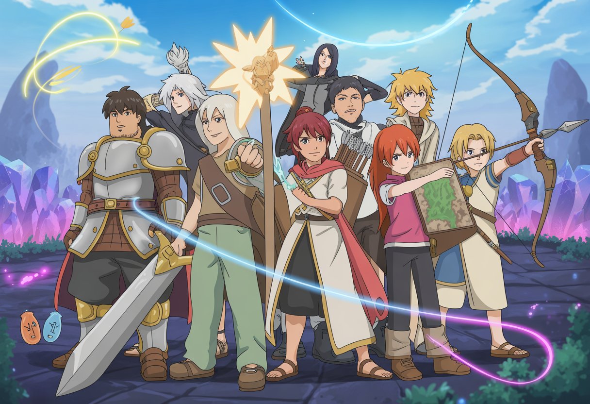 A group of diverse fantasy characters standing together on a magical battlefield, each representing different roles like warrior, mage, healer, archer, and strategist, symbolizing teamwork and balance.
