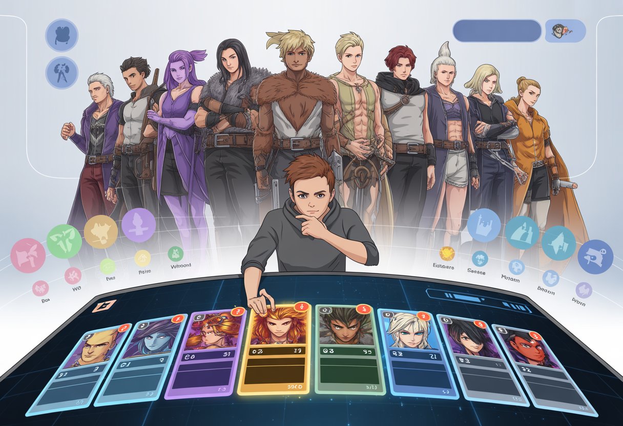 A player selecting a diverse team of fantasy characters with unique abilities on a digital game interface.
