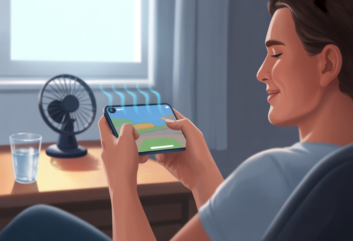 A person playing a mobile game on a smartphone with a small fan nearby, showing a cool and comfortable gaming setup indoors.