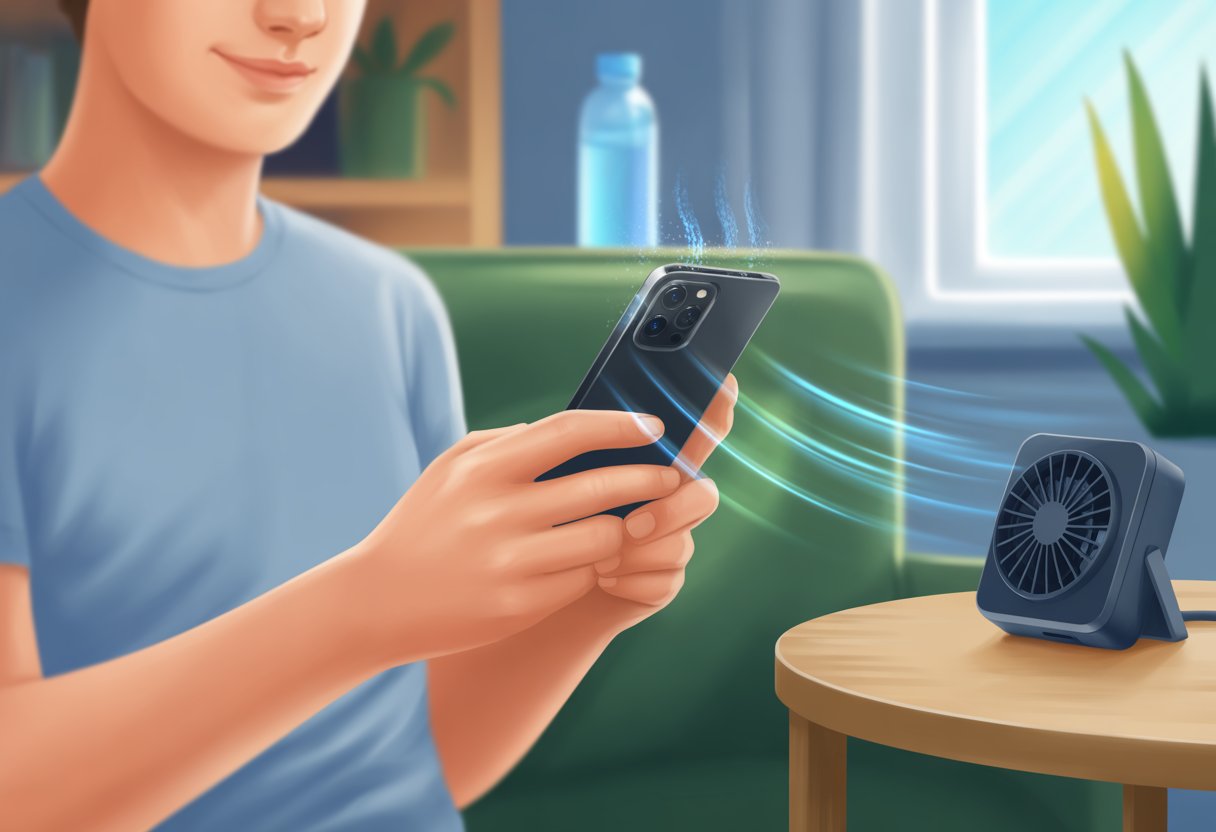 A person playing a mobile game on a smartphone with visual cues showing the phone staying cool, including a small fan and airflow lines around the device.