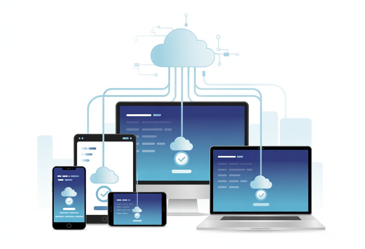 Multiple digital devices connected by glowing data streams to a cloud icon, illustrating cloud saving and synchronization across platforms.