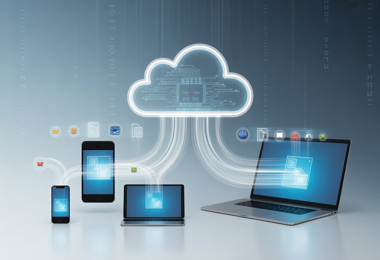 Multiple devices including a smartphone, tablet, laptop, and desktop connected by glowing streams to a central cloud icon with digital patterns, surrounded by icons representing different file types.