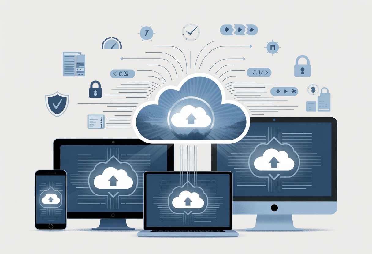 Multiple devices including a smartphone, tablet, laptop, and desktop connected to a glowing cloud, with icons representing security, speed, and challenges around the cloud.