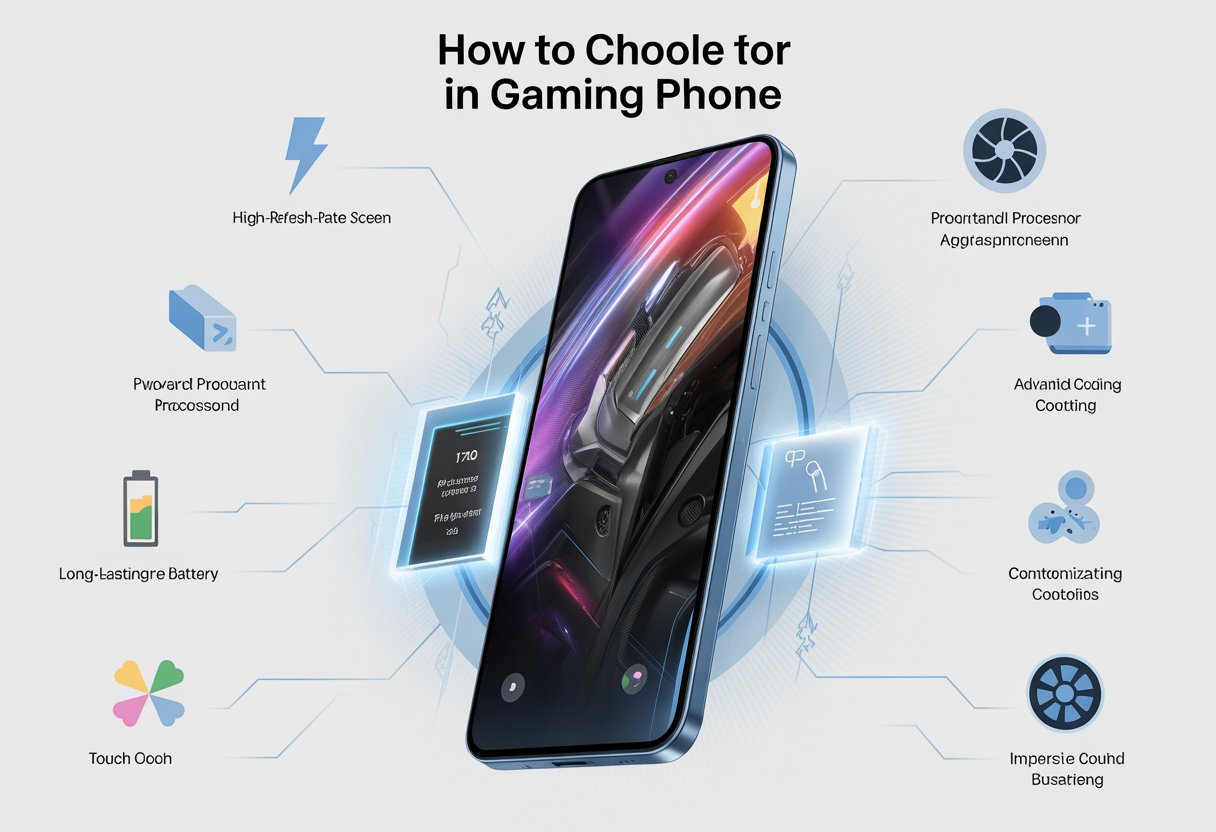 A modern gaming smartphone surrounded by icons representing features like high refresh rate, powerful processor, cooling system, battery life, customizable controls, and immersive sound.