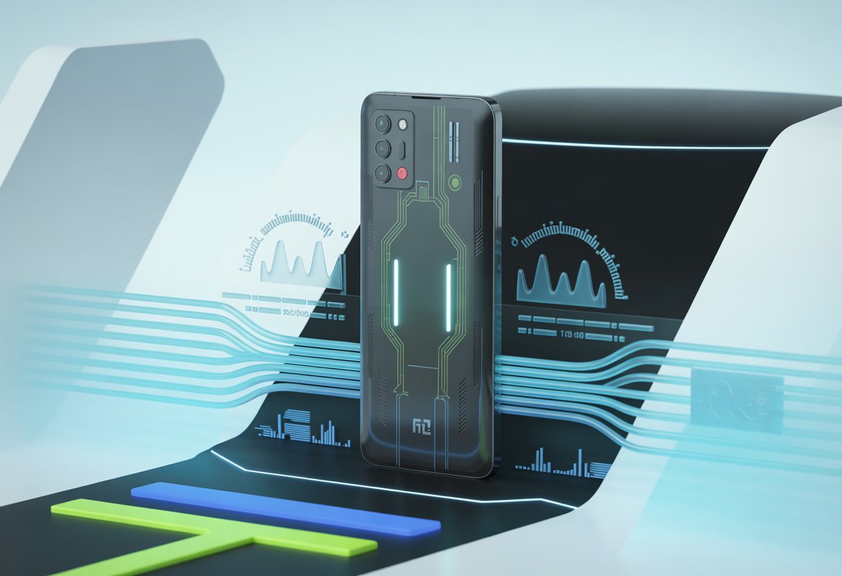 A modern gaming smartphone surrounded by glowing circuit patterns and blue airflow lines representing cooling, with digital gauges showing performance and temperature metrics.