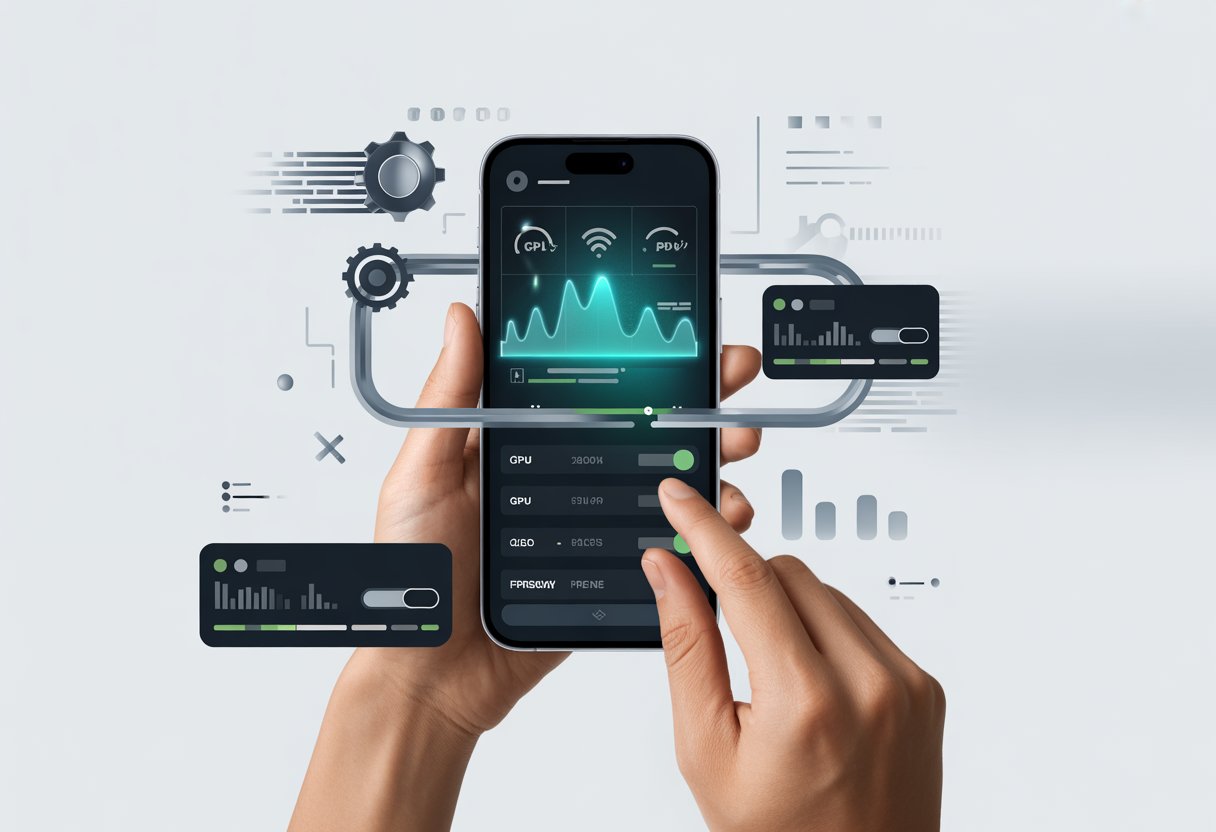 A hand adjusting settings on a smartphone displaying performance graphs and icons related to mobile gaming optimization.