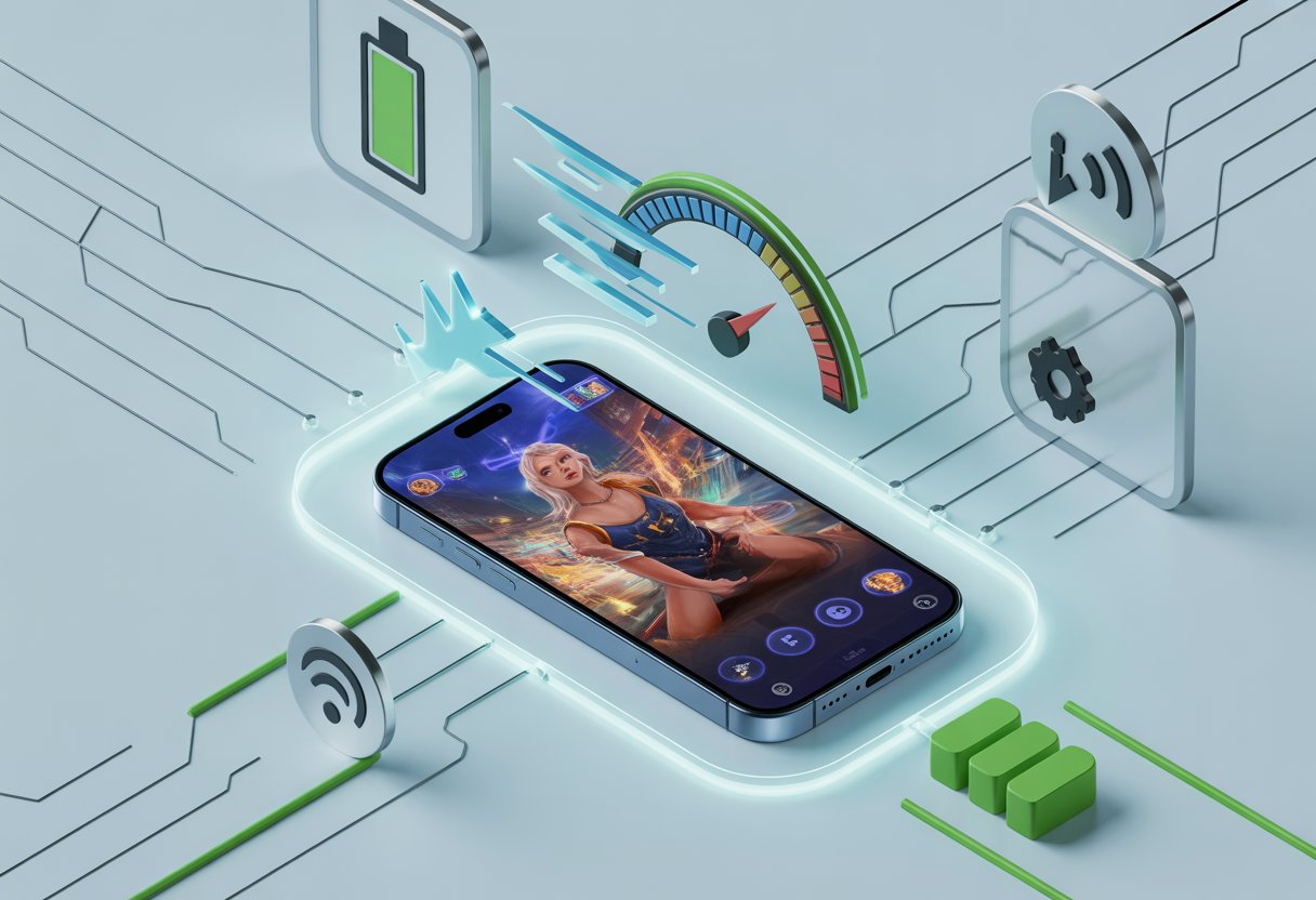 A smartphone showing a mobile game with visual elements representing speed and performance improvements, surrounded by icons like Wi-Fi, battery, and settings, set against a tech-inspired background.