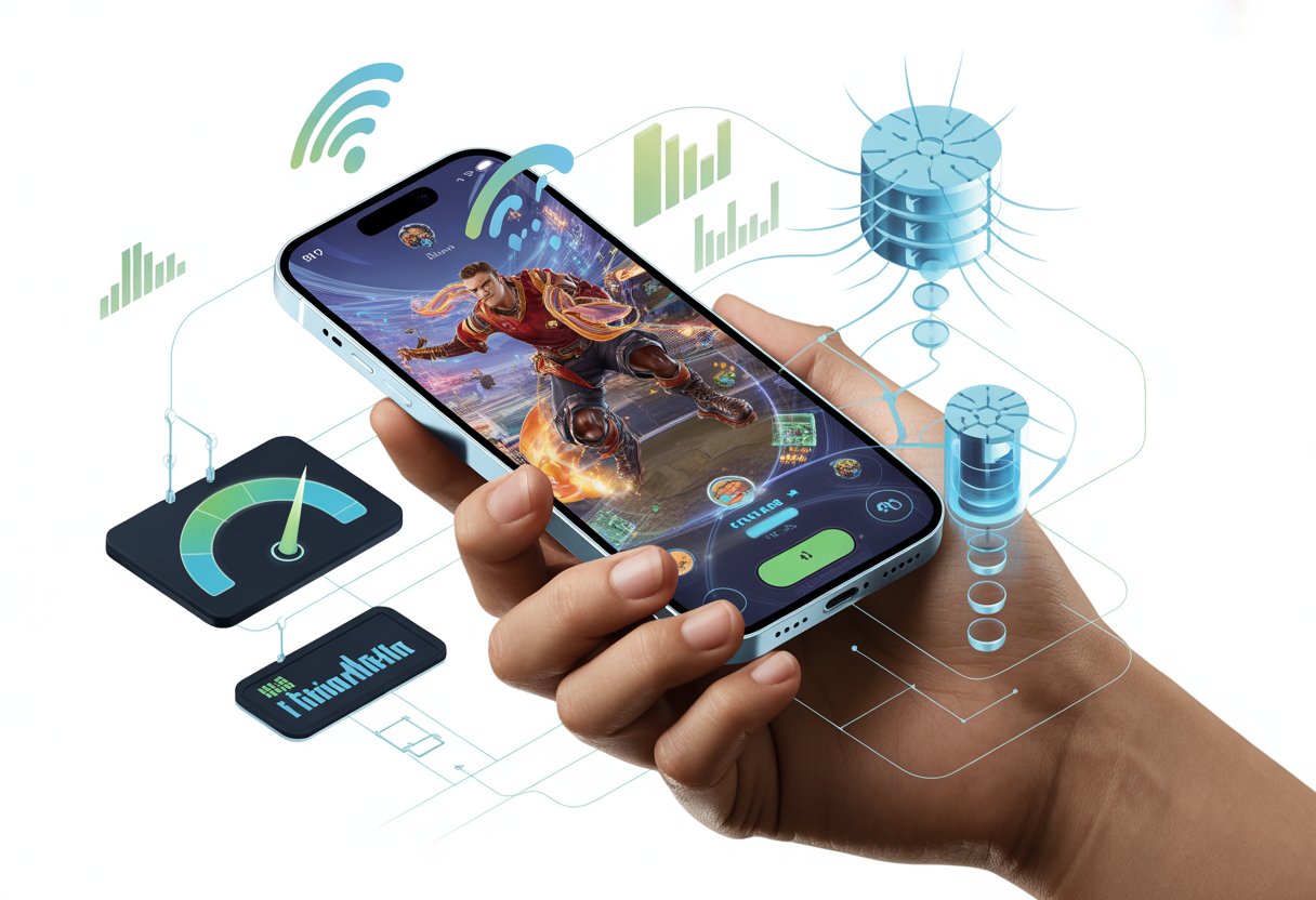 A hand holding a smartphone displaying a fast-paced mobile game, surrounded by glowing network signals, data streams, and performance indicators representing improved gaming speed and reduced lag.