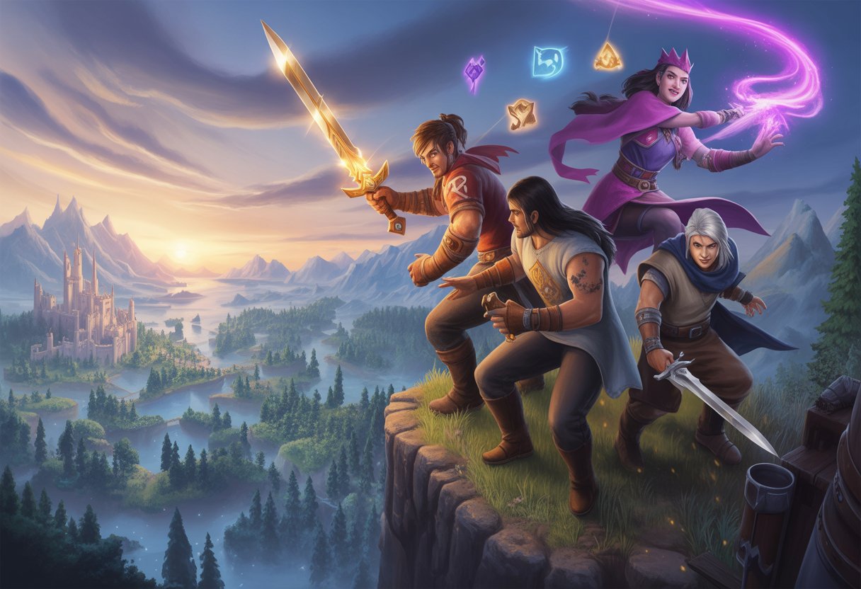 A group of fantasy characters including a warrior, mage, and rogue standing on a cliff overlooking a vast enchanted landscape with castles and forests.