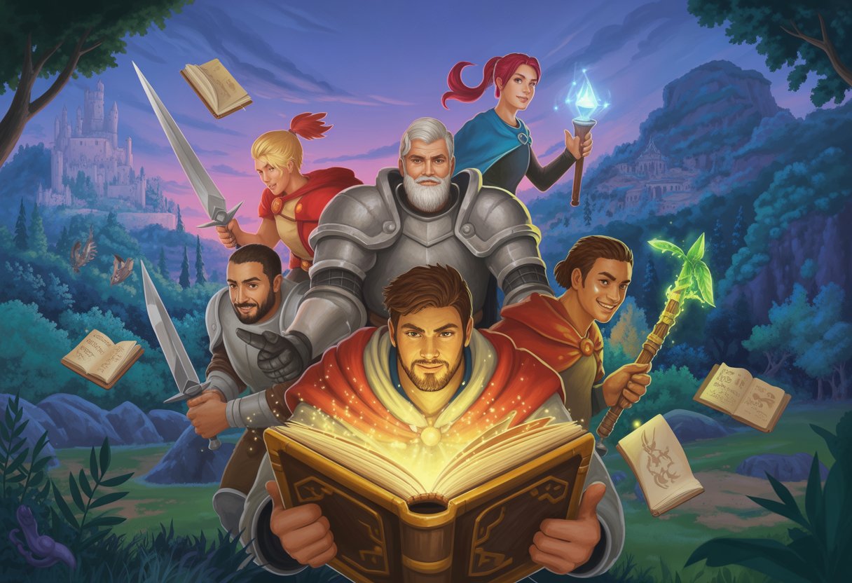A group of diverse fantasy and sci-fi characters in a detailed landscape combining forests, ruins, and futuristic cities, each engaged in storytelling actions that suggest adventure and strong narratives.